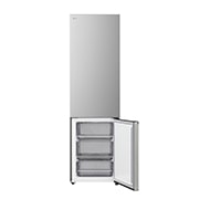 LG Ψυγειοκαταψύκτης Total No Frost 203 x 59,7 cm, LG ψυγειοκαταψύκτης εγκατεστημένος εντοιχισμένος σε ψηλό τοίχο σε ζεστή μπεζ απόχρωση με λευκά βέλη που δείχνουν την πάνω πλευρά και τις μπροστινές επιφάνειες, GBBSJ20DPY, thumbnail 6