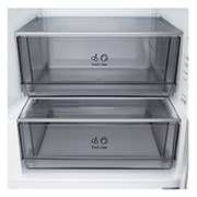 LG Ψυγειοκαταψύκτης Total No Frost 203 x 59,7 cm, LG ψυγειοκαταψύκτης με ράφι τονισμένο με μπλε χρώμα και βέλη πάνω και κάτω, στη δεξιά εικόνα φαίνεται το αναδιπλωμένο ράφι με δύο μπουκάλια νερού, GBBSJ20DPY, thumbnail 11