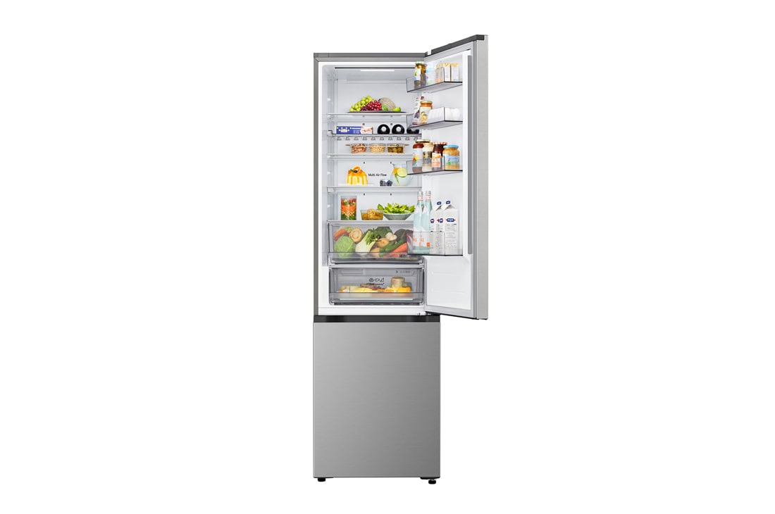 LG Ψυγειοκαταψύκτης Total No Frost 203 x 59,7 cm, LG ψυγειοκαταψύκτης σε χώρο καθιστικού με θέα τη νυχτερινή πόλη και γραφικό AI Saving Mode με διάγραμμα διακυμάνσεων ενέργειας, GBBS322CPY, thumbnail 5