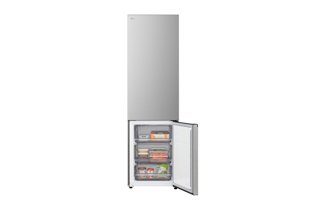 LG Ψυγειοκαταψύκτης Total No Frost 203 x 59,7 cm, LG ψυγειοκαταψύκτης κοντινή όψη της θήκης κρασιών με τέσσερα μπουκάλια και κουτί με μακαρόν, με το σχέδιο της θήκης μεγεθυμένο σε κυκλική εικόνα, GBBS322CPY, thumbnail 7