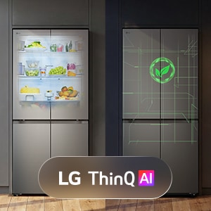 Ψυγείο LG σε μπροστινή όψη, με την διεπαφή AI ThinQ στην εξωτερική πλευρά.