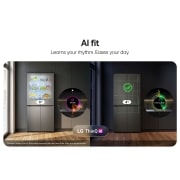 LG Ψυγείο Ντουλάπα Οριζόντιας Διάταξης 580L, Total No Frost 186 x 83,5cm, Διπλή εικόνα που παρουσιάζει δύο όψεις ενός ψυγείου LG σε μοντέρνα κουζίνα, αναδεικνύοντας λειτουργίες AI, GMBS30SDPY, thumbnail 5