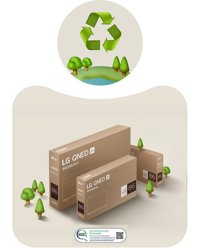 Συσκευασία LG QNED μπροστά από ένα μπεζ φόντο με εικόνες δέντρων.