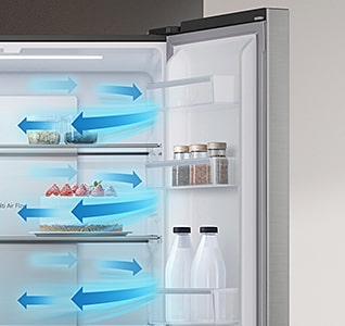 Ανοιχτό ψυγείο πολλαπλών θυρών LG με Multi-Air Flow System, που δείχνει την κυκλοφορία ψυχρού αέρα για ομοιόμορφη κατανομή θερμοκρασίας.