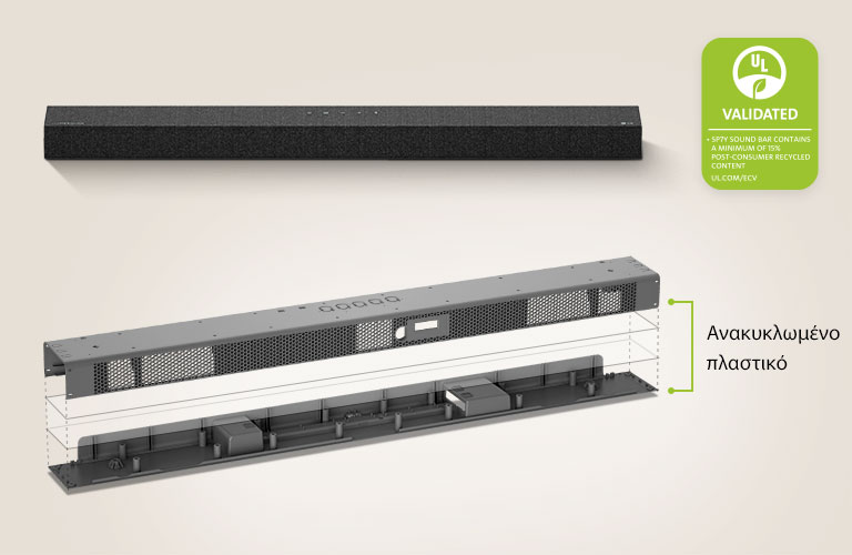 Μπροστινή όψη του soundbar πίσω και μια εικόνα με μεταλλικό πλαίσιο του soundbar μπροστά.