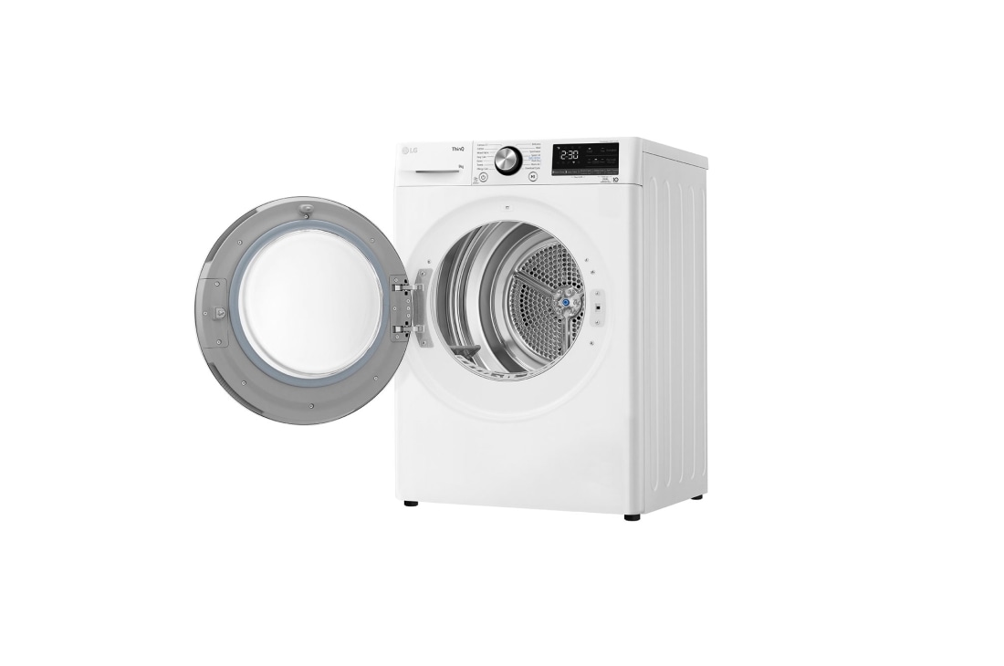 LG Στεγνωτήριο 9kg Υβριδικό με Aντλία θερμότητας, right side view with door open, RH90V9AV2N, thumbnail 14