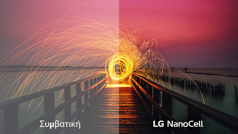 Σύγκριση ποιότητας εικόνας μεταξύ συμβατικής μείωσης φωτισμού και τεχνολογίας Full Array Dimming, με αναφορά ένα πλάνο που δείχνει μία φλόγα