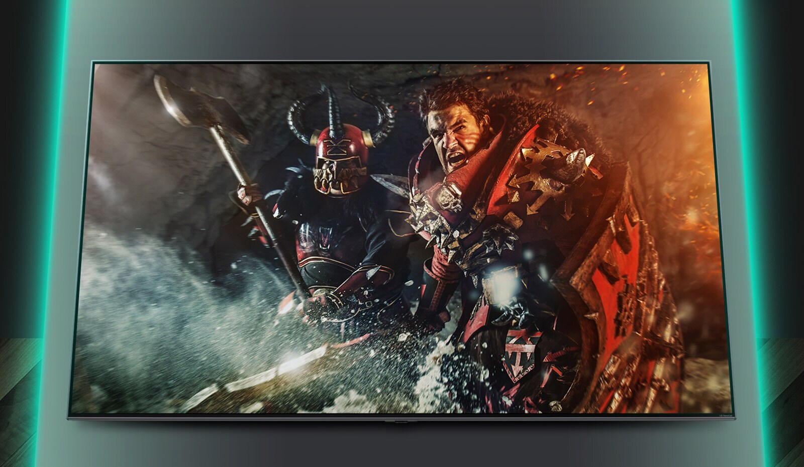 Μια τηλεόραση δείχνει μια σκηνή από μια μάχη.