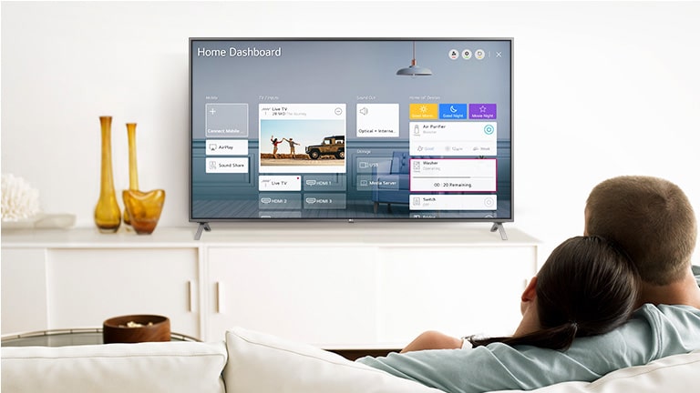 Μια γυναίκα και ένας άνδρας κάθονται σε καναπέ στο σαλόνι με το Home Dashboard στην οθόνη της τηλεόρασης.