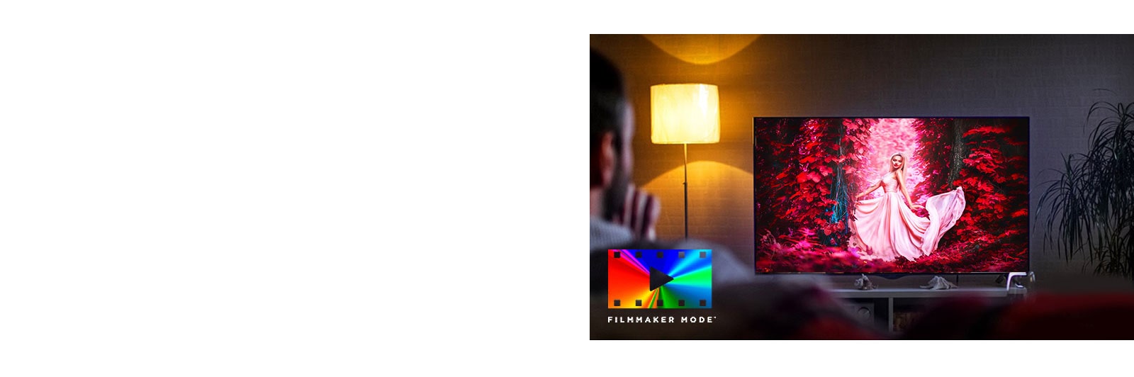 Ένας άνδρας κάθεται στον καναπέ ενός σαλονιού και παρακολουθεί μία έγχρωμη ταινία στην τηλεόραση.