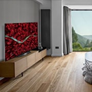 LG BX 65 ίντσες 4K Smart OLED TV, Σαλόνι με καναπέ και τηλεόραση που δείχνει μια εναέρια εικόνα της φύσης, OLED65BX6LB, thumbnail 11