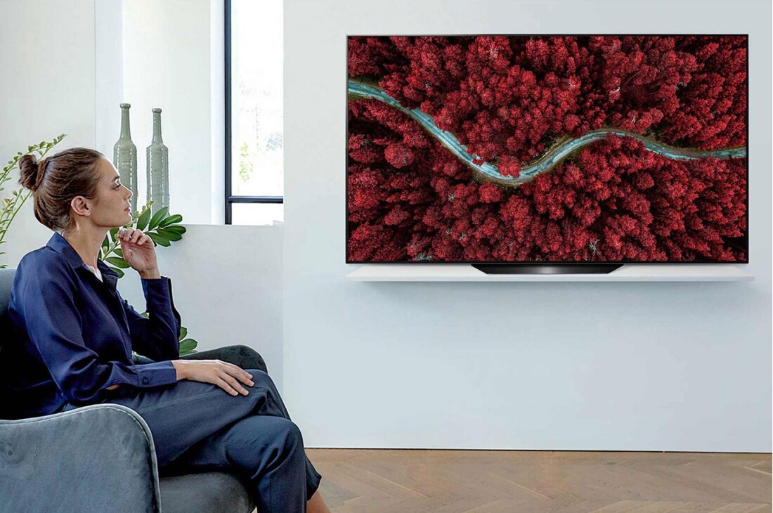 LG BX 65 ίντσες 4K Smart OLED TV, Μια γυναίκα που κάθεται σε μια καρέκλα στο σαλόνι με εναέρια όψη της φύσης στην οθόνη της τηλεόρασης., OLED65BX6LB, thumbnail 13