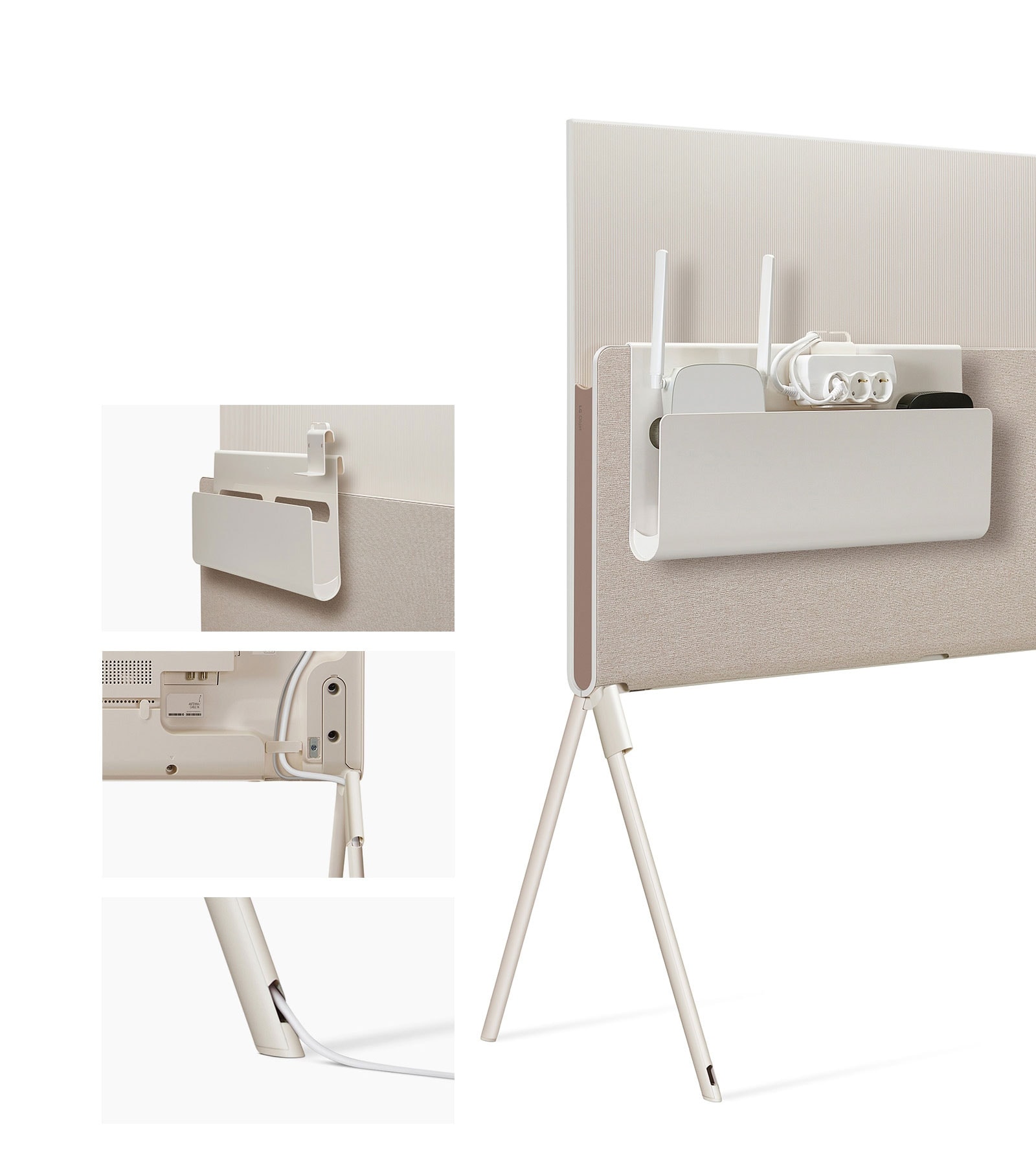 Κοντινό πλάνο του συστήματος οργάνωσης καλωδίων και αξεσουάρ της Posé, πιεσμένο στο ράφι πολυμέσων. Κοντινό πλάνο της αποσπώμενης υποδοχής καλωδίων στη βάση της τηλεόρασης. Κοντινό πλάνο του καλωδίου που βγαίνει από το πόδι της τηλεόρασης. Μερική όψη της Posé, όπως φαίνεται από την πίσω πλευρά με το σύστημα οργάνωσης καλωδίων και αξεσουάρ που συγκρατεί έναν δρομολογητή, μια πρίζα και μια συσκευή.