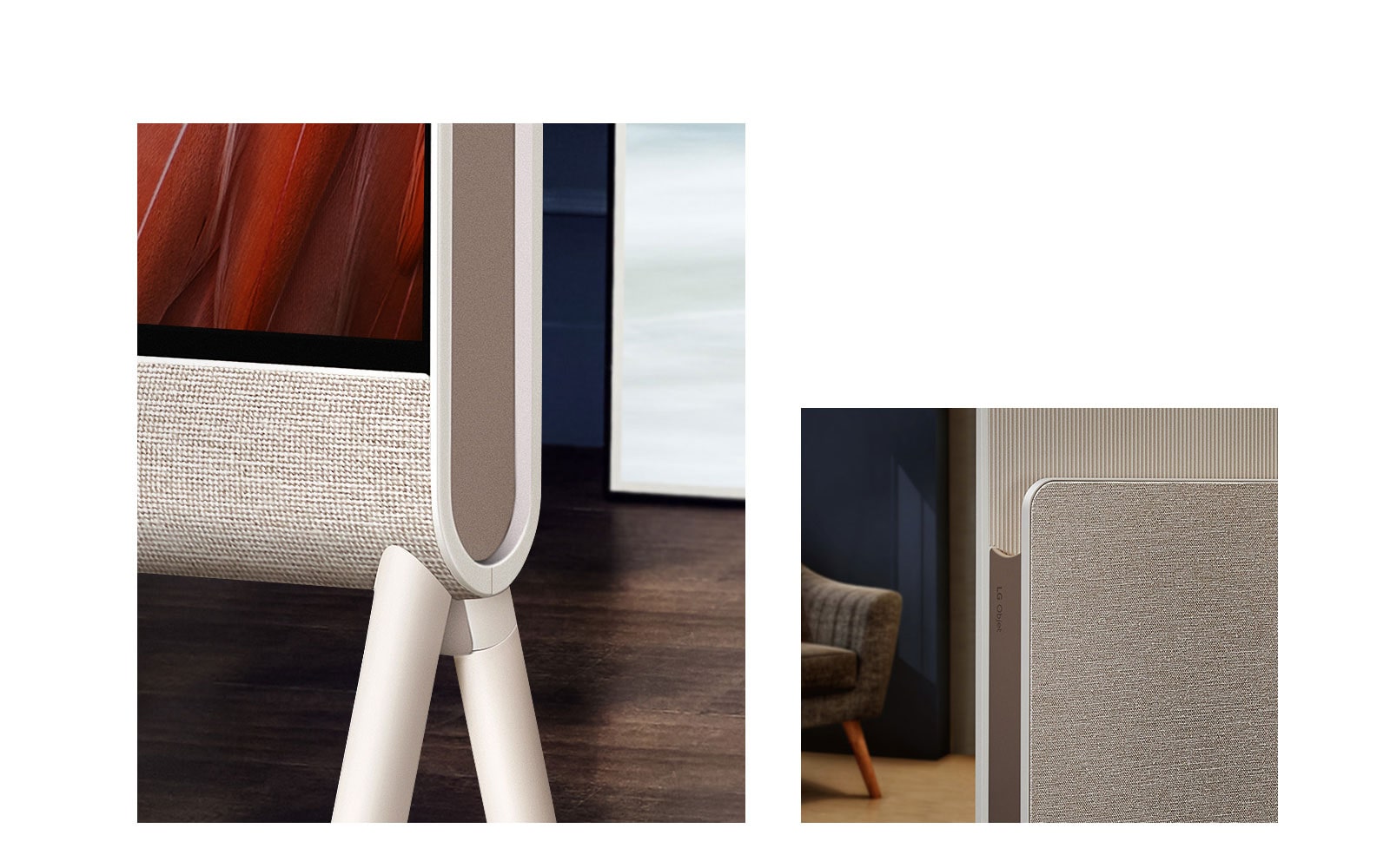 Κοντινό πλάνο της Posé από μπροστά με επίκεντρο το ύφασμα, με ξύλινο δάπεδο στο παρασκήνιο. Κοντινό πλάνο του υφάσματος στο ράφι πολυμέσων και του λογότυπου LG Objet, με μια πολυθρόνα στο παρασκήνιο.