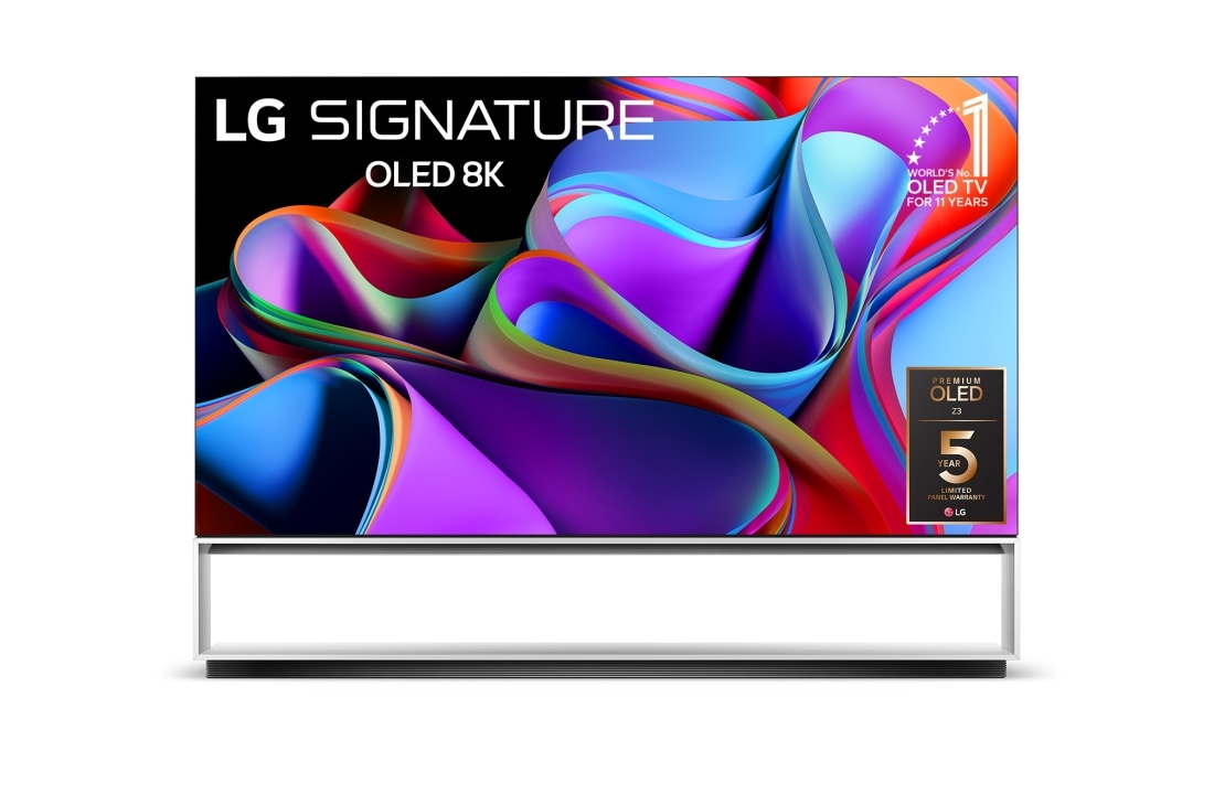 LG SIGNATURE OLED 8K Z3 88 ιντσών 2023, Μπροστινή όψη με την LG OLED evo, το έμβλημα "11 Years World No.1 OLED" και λογότυπο 5ετούς εγγύησης πάνελ στην οθόνη, OLED88Z39LA
