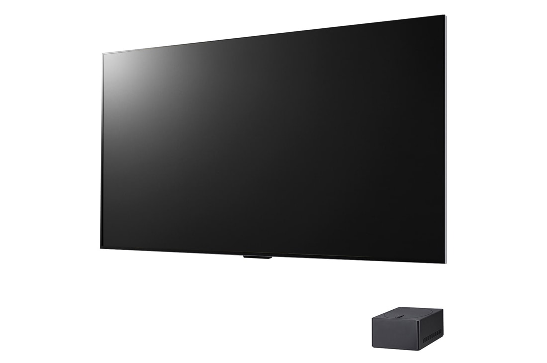 LG Η πρώτη στον κόσμο πραγματικά ασύρματη TV LG OLED evo 77 ιντσών AI M3 με 4K 120Hz μεταφορά βίντεο και ήχου , Ελαφρώς γωνιακή άποψη της αριστερής πλευράς της LG OLED M3 στον τοίχο με το Zero Connect Box από κάτω, OLED77M39LA, thumbnail 2