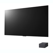 LG Η πρώτη στον κόσμο πραγματικά ασύρματη TV LG OLED evo 77 ιντσών AI M3 με 4K 120Hz μεταφορά βίντεο και ήχου , Ελαφρώς γωνιακή άποψη της αριστερής πλευράς της LG OLED M3 στον τοίχο με το Zero Connect Box από κάτω, OLED77M39LA, thumbnail 2