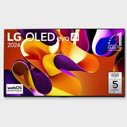 Μπροστινή όψη LG OLED evo TV, OLED G4, με το έμβλημα 11 Years of world number 1 OLED και το λογότυπο 5ετούς εγγύησης πάνελ στην οθόνη2