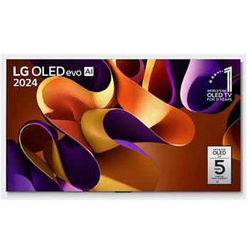 Μπροστινή όψη LG OLED evo TV, OLED G4, με το έμβλημα 11 Years of world number 1 OLED και το λογότυπο 5ετούς εγγύησης πάνελ στην οθόνη