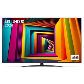 Вид спереди на телевизор LG UHD TV, UT80 с текстом LG UHD AI ThinQ, 2024 года и логотипом webOS Re:New Program на экране1