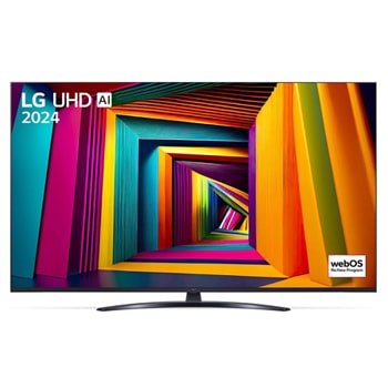 Вид спереди на телевизор LG UHD TV, UT80 с текстом LG UHD AI ThinQ, 2024 года и логотипом webOS Re:New Program на экране1