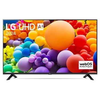 Вид спереди на телевизор LG UHD TV, UT80 с текстом LG UHD AI ThinQ, 2024 года и логотипом webOS Re:New Program на экране1