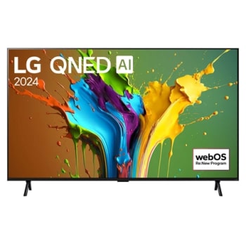 Μπροστινή όψη της LG QNED TV, QNED89 με το κείμενο LG QNED, 2024και το λογότυπο webOS Re:New Program στην οθόνη1