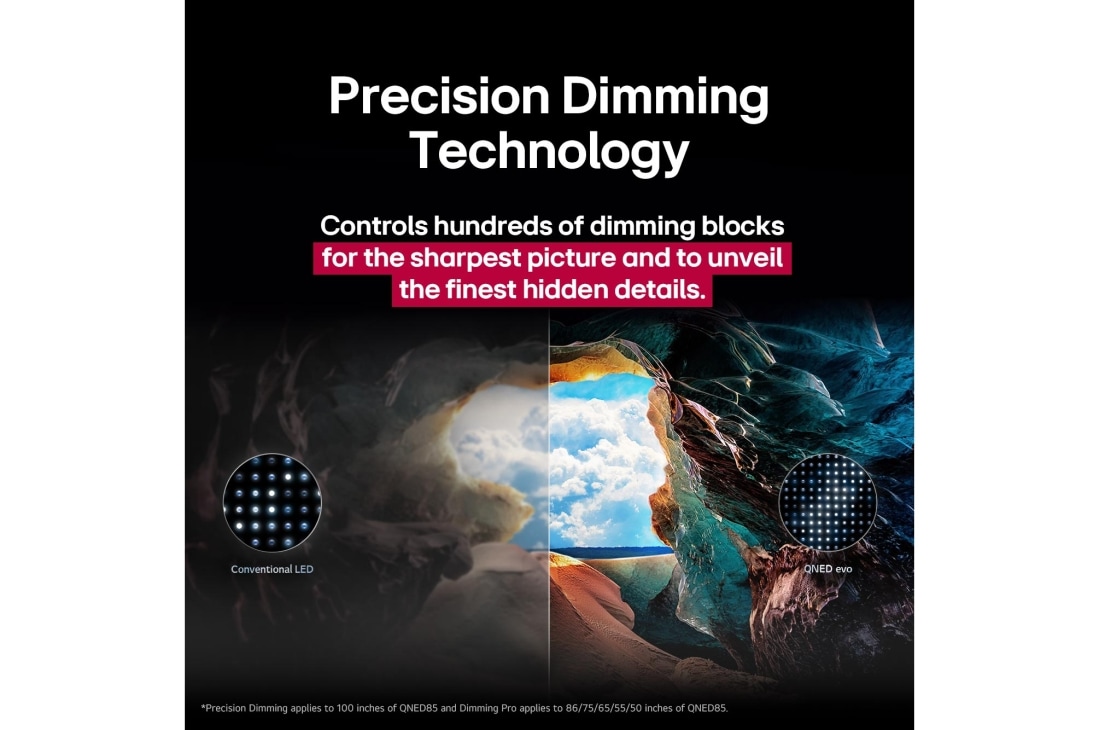 LG Τηλεόραση LG QNED evo AI 65  ιντσών QNED87 MiniLED 4K Smart TV 2025, Μια εικόνα τοπίου μιας σπηλιάς με καθαρό γαλάζιο ουρανό στο παρασκήνιο, χωρισμένη στη μέση με τη μισή εικόνα ξεθωριασμένη και την άλλη μισή με υψηλή ευκρίνεια αντίθεσης. Κάτω αριστερά βρίσκεται μια μι, 65QNED87A6B, thumbnail 6