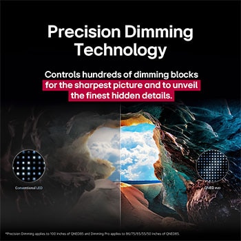 LG Τηλεόραση LG QNED evo AI 65  ιντσών QNED87 MiniLED 4K Smart TV 2025, Μια εικόνα τοπίου μιας σπηλιάς με καθαρό γαλάζιο ουρανό στο παρασκήνιο, χωρισμένη στη μέση με τη μισή εικόνα ξεθωριασμένη και την άλλη μισή με υψηλή ευκρίνεια αντίθεσης. Κάτω αριστερά βρίσκεται μια μι, 65QNED87A6B, thumbnail 6