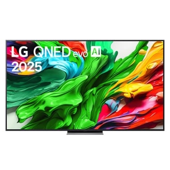 Μπροστινή όψη της LG QNED evo QNED85 TV, το λογότυπο LG QNED evo Al στην πάνω γωνία. Η LG QNED evo QNED85 TV απεικονίζει πολύχρωμές υφές σαν βαφές που συνδυάζονται.1