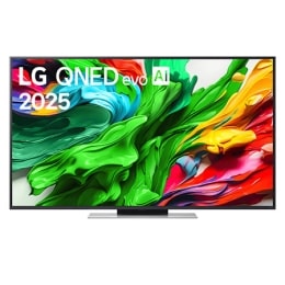 Μπροστινή όψη της LG QNED evo QNED85 TV, το λογότυπο LG QNED evo Al στην πάνω γωνία. Η LG QNED evo QNED85 TV απεικονίζει πολύχρωμές υφές σαν βαφές που συνδυάζονται.2