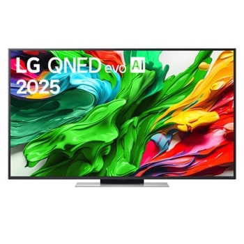 Μπροστινή όψη της LG QNED evo QNED85 TV, το λογότυπο LG QNED evo Al στην πάνω γωνία. Η LG QNED evo QNED85 TV απεικονίζει πολύχρωμές υφές σαν βαφές που συνδυάζονται.1