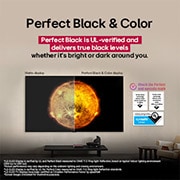 LG OLED 55 ιντσών AI B5 4K Smart TV 2025, Μια LG OLED TV που δείχνει μια οπτική σύγκριση μεταξύ μίας οθόνης με Τέλειο χρώμα και Απόλυτο μαύρο και μίας χωρίς. Οι πιστοποιήσεις UL και eyesafe είναι ορατές με κείμενο που ζητά να ελέγξετε τα σημά, OLED55B56LA, thumbnail 6