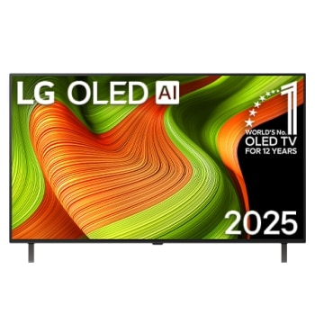 Μπροστινή όψη της LG OLED AI B5 4K Smart TV. Το έμβλημα 12 Years of world number 1 OLED και το λογότυπο LG OLED AI 2025 βρίσκονται στην οθόνη.1