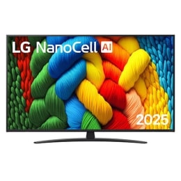 Μπροστινή όψη της NanoCell TV, το λογότυπο LG NanoCell Al Logo στην πάνω γωνία. Η LG NanoCell NANO80 TV απεικονίζει πολύχρωμες υφές σαν βαφές που συνδυάζονται.2