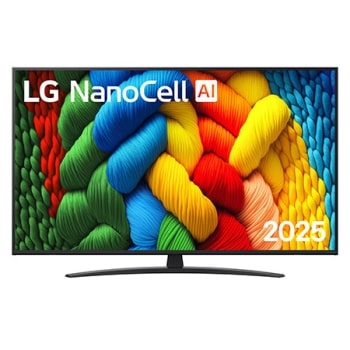 Μπροστινή όψη της NanoCell TV, το λογότυπο LG NanoCell Al Logo στην πάνω γωνία. Η LG NanoCell NANO80 TV απεικονίζει πολύχρωμες υφές σαν βαφές που συνδυάζονται.1