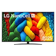LG Τηλεόραση LG NanoCell AI 75 ιντσών NANO81 4K Smart TV 2025, Μπροστινή όψη της NanoCell TV, το λογότυπο LG NanoCell Al Logo στην πάνω γωνία. Η LG NanoCell NANO80 TV απεικονίζει πολύχρωμες υφές σαν βαφές που συνδυάζονται., 75NANO81A6A, thumbnail 1