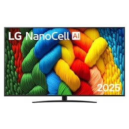 Μπροστινή όψη της NanoCell TV, το λογότυπο LG NanoCell Al Logo στην πάνω γωνία. Η LG NanoCell NANO80 TV απεικονίζει πολύχρωμες υφές σαν βαφές που συνδυάζονται.2