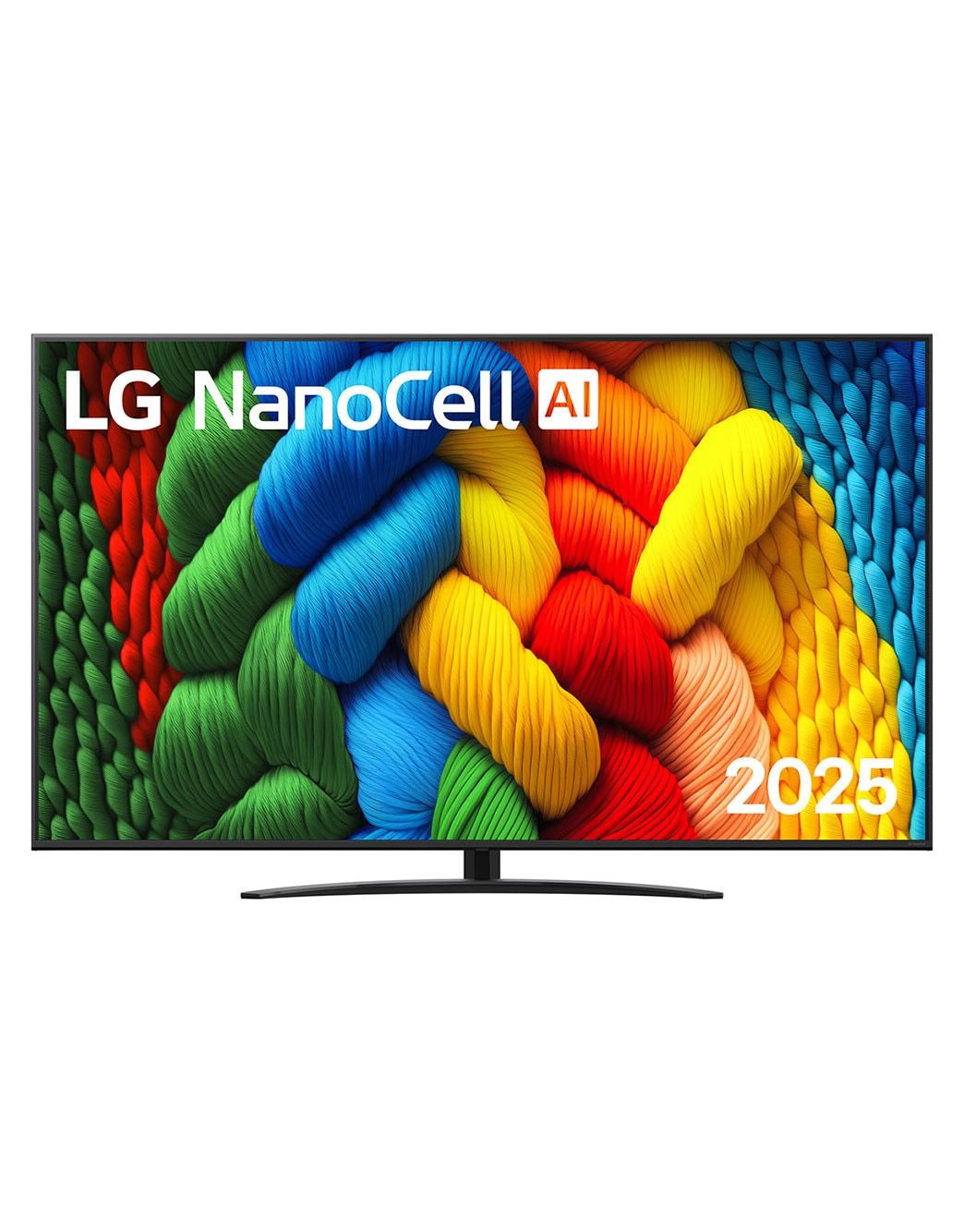LG Τηλεόραση LG NanoCell AI 86 ιντσών NANO81 4K Smart TV 2025, Μπροστινή όψη της NanoCell TV, το λογότυπο LG NanoCell Al Logo στην πάνω γωνία. Η LG NanoCell NANO80 TV απεικονίζει πολύχρωμες υφές σαν βαφές που συνδυάζονται., 86NANO81A6A