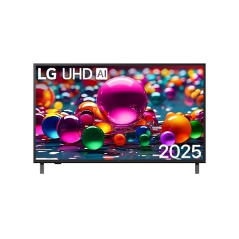 Μπροστινή όψη της UHD UA75 TV, το λογότυπο LG UHD Al στην πάνω γωνία. Η LG UHD TV απεικονίζει πολύχρωμες υφές σαν βαφές που συνδυάζονται.1