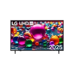 Μπροστινή όψη της UHD UA75 TV, το λογότυπο LG UHD Al στην πάνω γωνία. Η LG UHD TV απεικονίζει πολύχρωμες υφές σαν βαφές που συνδυάζονται.2