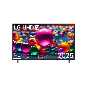 Μπροστινή όψη της UHD UA75 TV, το λογότυπο LG UHD Al στην πάνω γωνία. Η LG UHD TV απεικονίζει πολύχρωμες υφές σαν βαφές που συνδυάζονται.1