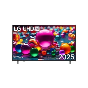 Μπροστινή όψη της UHD UA75 TV, το λογότυπο LG UHD Al στην πάνω γωνία. Η LG UHD TV απεικονίζει πολύχρωμες υφές σαν βαφές που συνδυάζονται.1