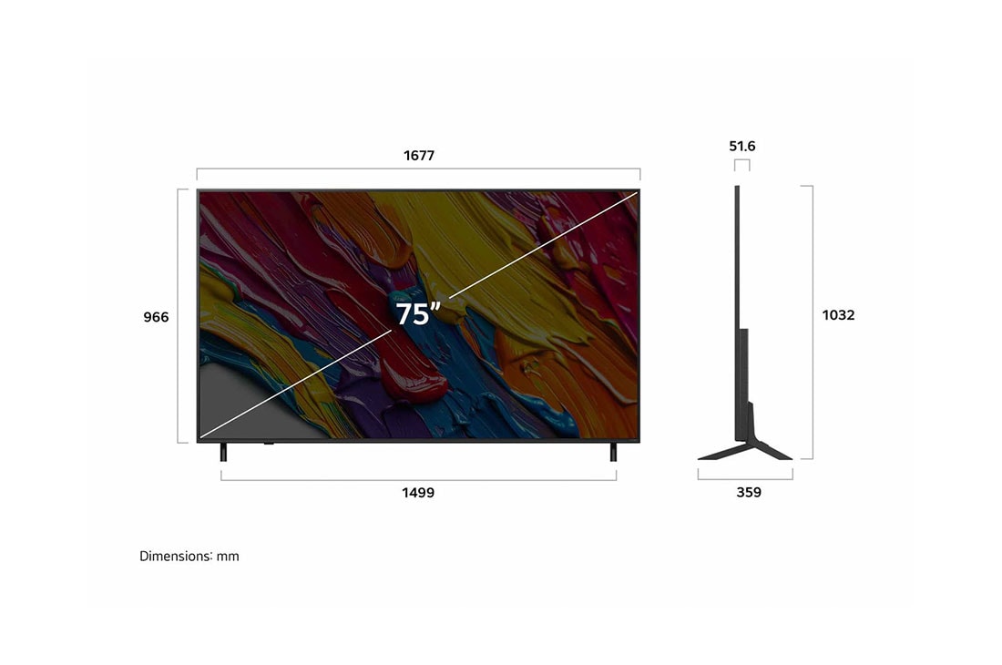 LG Τηλεόραση 75 ιντσών LG QNED AI QNED82 4K Smart TV 2025, Μπροστινή και πλαϊνή όψη της LG QNED82 AI 4K Smart TV που δείχνει το μήκος, το πλάτος, το ύψος και το βάθος της., 75QNED82A6B, thumbnail 4