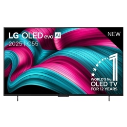 Μπροστινή όψη της LG OLED evo AI C5 4K Smart TV. Το έμβλημα 12 Years of world number 1 OLED και το λογότυπο LG OLED evo AI 2025 βρίσκονται στην οθόνη.2