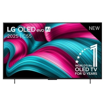 Μπροστινή όψη της LG OLED evo AI C5 4K Smart TV. Το έμβλημα 12 Years of world number 1 OLED και το λογότυπο LG OLED evo AI 2025 βρίσκονται στην οθόνη.1