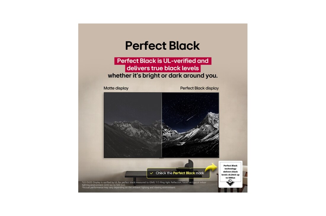 LG OLED evo 48 ιντσών AI C5 4K Smart TV 2025, Σαλόνι με μια LG OLED TV επιτοίχιας τοποθέτησης. Στην τηλεόραση βρίσκεται μια οροσειρά μπροστά από έναν σκοτεινό βραδινό ουρανό γεμάτο αστέρια. Αυτή η σκηνή χωρίζεται στα δύο για να παρουσιάσει πώς το, OLED48C55LA, thumbnail 6