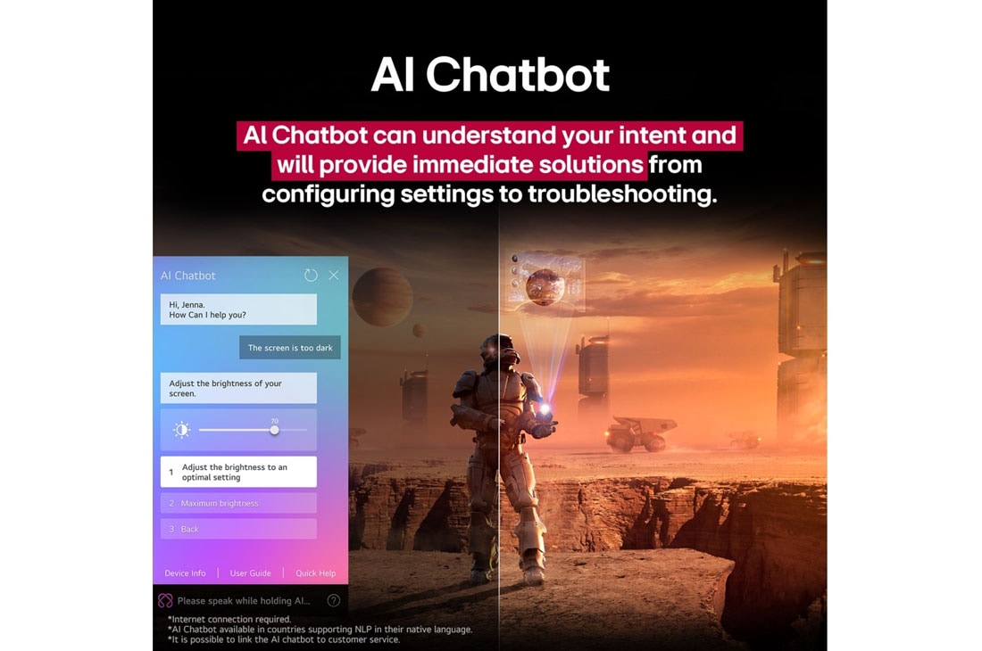 LG OLED evo 65 ιντσών AI C5 4K Smart TV 2025, Περιεχόμενο επιστημονικής φαντασίας αναπαράγεται σε μια οθόνη LG UHD TV. Στην οθόνη βρίσκεται η διεπαφή AI Chatbot. Ο χρήστης έστειλε μήνυμα στο chatbot αναφέροντας ότι η οθόνη είναι πολύ σκοτεινή. Το, OLED65C55LA, thumbnail 15
