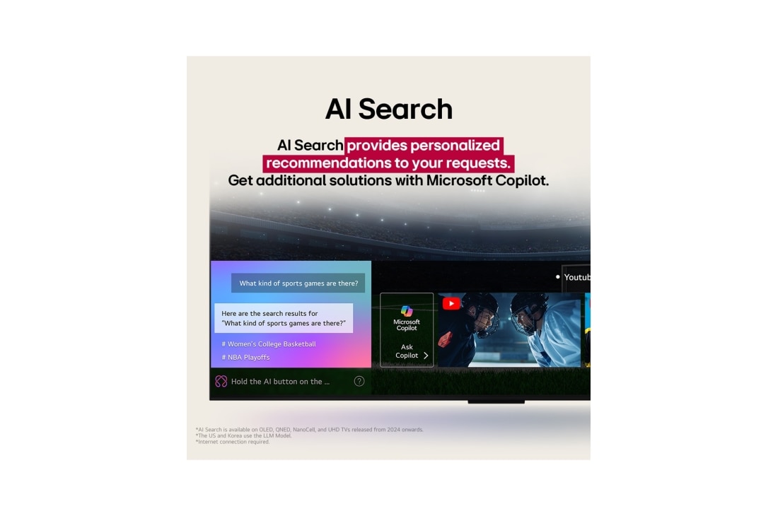 LG OLED evo 65 ιντσών AI C5 4K Smart TV 2025, Το LG AI Magic Remote με επισήμανση του κουμπιού AI. Γύρω από αυτό βρίσκονται οι διάφορες λειτουργίες στις οποίες έχει πρόσβαση ένας χρήστης από το κουμπί. AI Voice ID, AI Search, AI Chatbot, AI Conci, OLED65C55LA, thumbnail 12