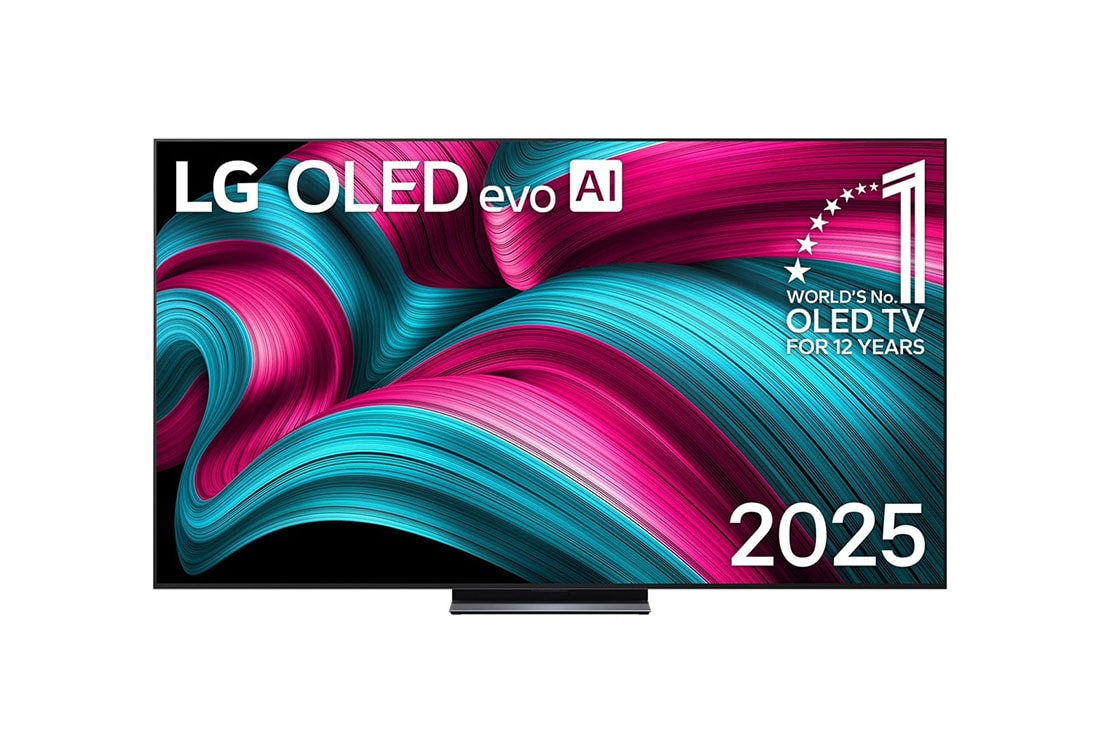 LG OLED evo 83 ιντσών AI C5 4K Smart TV 2025, Μπροστινή όψη της LG OLED evo AI C5 4K Smart TV. Το έμβλημα 12 Years of world number 1 OLED και το λογότυπο LG OLED evo AI 2025 βρίσκονται στην οθόνη., OLED83C54LA